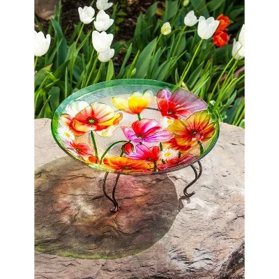 Evergreen Poppies 18" Glass Birdbath 4 Evergreen Poppies 18" Glass Birdbath - Image 2