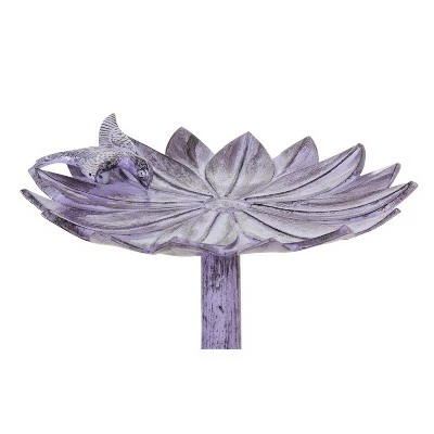Evergreen 16" Metal Purple Floral Bird Bath with Perched Bird 3 Evergreen 16" Metal Purple Floral Bird Bath with Perched Bird
