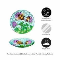 Evergreen 18" Hand Painted Glass Bird Bath, Busy Bee Days w Solar Fountain