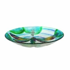 Evergreen 18" Hand Painted Embossed Glass Bird Bath, Fluttering Dragonfly Pond