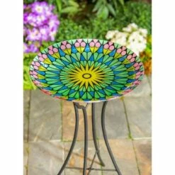 Evergreen 18" Hand Painted and Embossed Glass Bird Bath, Shades of Green-