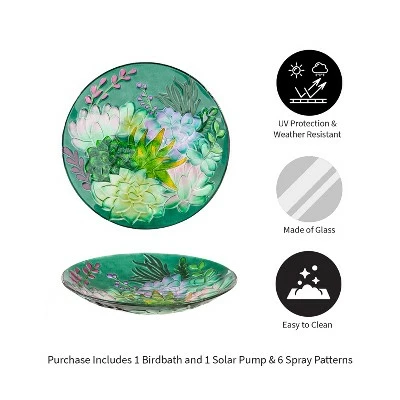 Evergreen 18" Glass Bird Bath Succulent w Solar Fountain 2 Evergreen 18" Glass Bird Bath Succulent w Solar Fountain