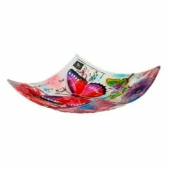 Evergreen 16.5" Hand Painted Embossed Square Glass Bird Bath, Butterfly Prints