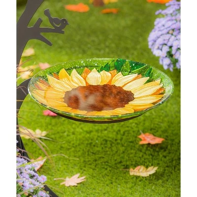 Evergreen 18" Hand Painted Embossed Glass Bird Bath, Fall Sunflower 5 Evergreen 18" Hand Painted Embossed Glass Bird Bath, Fall Sunflower - Image 3