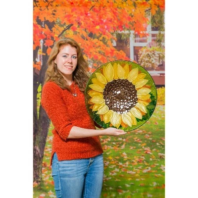 Evergreen 18" Hand Painted Embossed Glass Bird Bath, Fall Sunflower 6 Evergreen 18" Hand Painted Embossed Glass Bird Bath, Fall Sunflower - Image 4