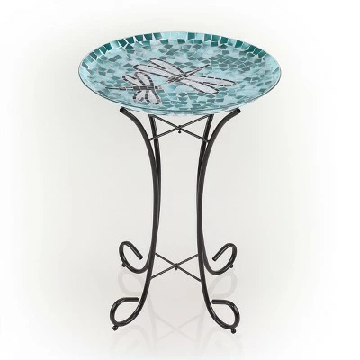 23" Outdoor Mosaic Dragonfly Glass Birdbath Bowl with Metal Stand Turquoise Green - Alpine Corporation 2 23" Outdoor Mosaic Dragonfly Glass Birdbath Bowl with Metal Stand Turquoise Green - Alpine Corporation