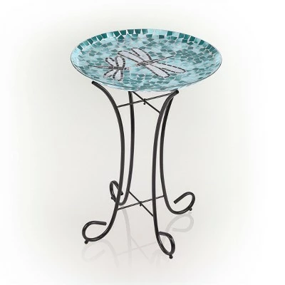 23" Outdoor Mosaic Dragonfly Glass Birdbath Bowl with Metal Stand Turquoise Green - Alpine Corporation 4 23" Outdoor Mosaic Dragonfly Glass Birdbath Bowl with Metal Stand Turquoise Green - Alpine Corporation - Image 3