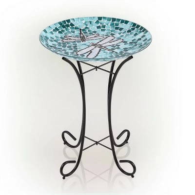 23" Outdoor Mosaic Dragonfly Glass Birdbath Bowl with Metal Stand Turquoise Green - Alpine Corporation 5 23" Outdoor Mosaic Dragonfly Glass Birdbath Bowl with Metal Stand Turquoise Green - Alpine Corporation - Image 4