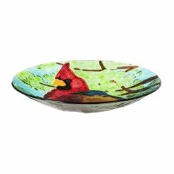 Evergreen 18"Hand Painted Embossed Glass Bird Bath, Cardinal and Blue Bird