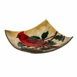Evergreen 16.5" Hand Painted Embossed Square Glass Bird Bath, Holiday Cardinal