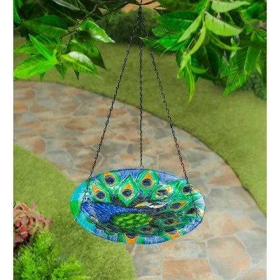 Evergreen 14" Glass Hanging Birdbath, Peacock 3 Evergreen 14" Glass Hanging Birdbath, Peacock