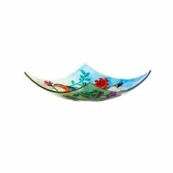 Evergreen 16.5" Hand Painted Embossed Square Glass Bird Bath, Trio of Birds