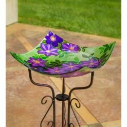 Evergreen 16.5" Hand Painted Embossed Square Glass Bird Bath, Purple Floral