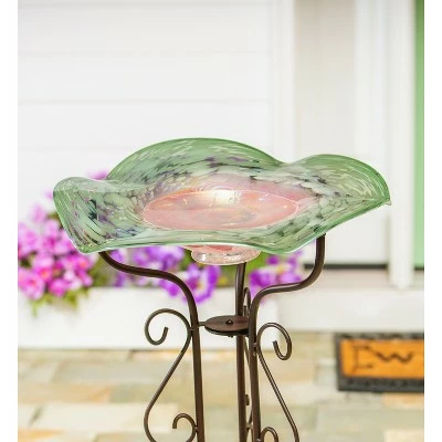 Evergreen 16" Textured Glass Bird Bath, Iridescent Wave 3 Evergreen 16" Textured Glass Bird Bath, Iridescent Wave