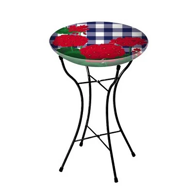 Evergreen 16" Glass Bird Bath with Stand, Plaid Geraniums- 3 Evergreen 16" Glass Bird Bath with Stand, Plaid Geraniums-