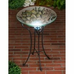 Evergreen 18" Hand Painted and Embossed Glass Bird Bath with Solar Stand, Succulent