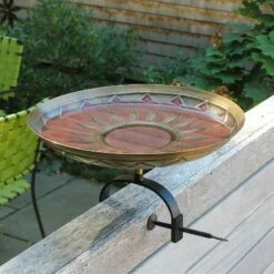 9.25" Brass Red African Daisy Birdbath with Over Rail Bracket Antique Patina Finish - Achla Designs