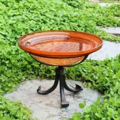 12.75" Reflective Crackle Glass Birdbath Bowl with Tripod Stand - Achla Designs Fern Green