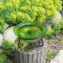 7" Reflective Crackle Glass Birdbath Bowl With Short Stand - Achla Designs Fern Green