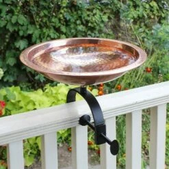 8.2" Hammered Copper Birdbath with Over Rail Bracket Polished Copper Plated - Achla Designs
