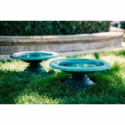 Set of 2 Concrete Glazed Finish Bird Baths with Short Base - Green - XBrand