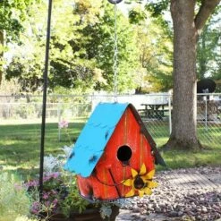 Sunnydaze Decor Sunnydaze Indoor/Outdoor Decorative Metal Birdhouse with Yellow Sunflower Accents and Hanging Chain - Red - 12"