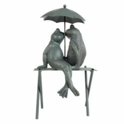 Nature Spring Small Frog Couple Under Umbrella Resin Garden Statue - 14.5", Antique Bronze