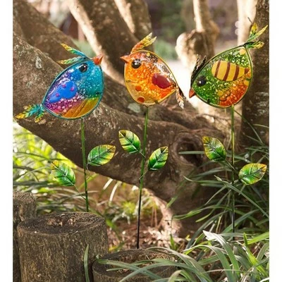 Wind & Weather Colorful Metal and Glass Bird Garden Stakes, Set of 3 3 Wind & Weather Colorful Metal and Glass Bird Garden Stakes, Set of 3