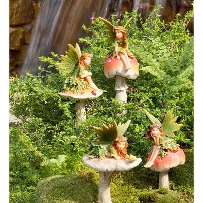 Wind & Weather Fairies On Mushrooms Garden Stakes, Set of 4 3 Wind & Weather Fairies On Mushrooms Garden Stakes, Set of 4