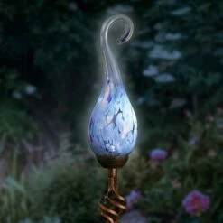 Pearlized Glass Solar Flame Stake Light Light Blue - Exhart