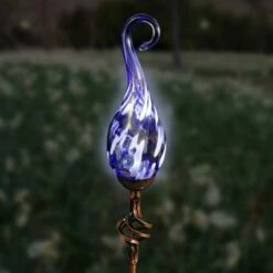 36" Metal Solar Pearlized Glass Flame Stake Blue - Exhart