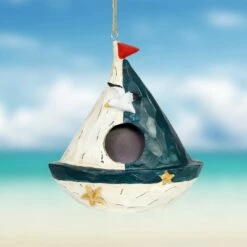 7.99" Resin Sail Boat Bird House Blue/White - Exhart