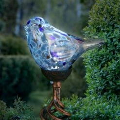 31" Pearlized Glass Solar Bird Garden Stake Teal - Exhart