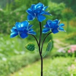 54" Metal Triple Rose Spinning Stake Metallic Blue - Exhart