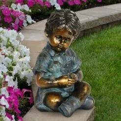 10.24" Look Boy and Puppy Statue Bronze - Exhart