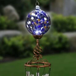 46.25" Solar Metal and Glass Ball Wind Chime Blue - Exhart