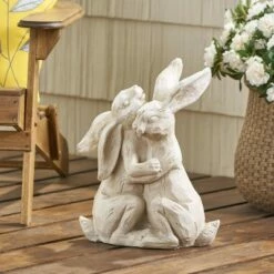 17.75" Concrete Intrare Outdoor Rabbit Couple Garden Statue - White - Christopher Knight Home