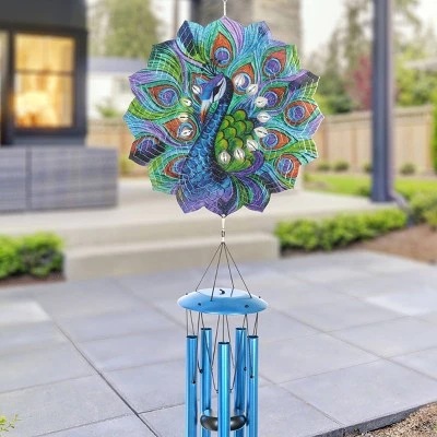41" Metal Laser Cut Peacock Starburst Wind Chime Spinner Blue - Exhart 3 41" Metal Laser Cut Peacock Starburst Wind Chime Spinner Blue - Exhart