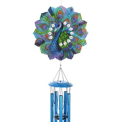 41" Metal Laser Cut Peacock Starburst Wind Chime Spinner Blue - Exhart 9 41" Metal Laser Cut Peacock Starburst Wind Chime Spinner Blue - Exhart - Image 7