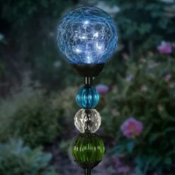 29.5" Crackle Glass Solar Ball and Beaded Stake Blue - Exhart