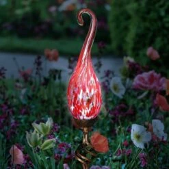 Exhart 36" Glass Solar Curled Hook Flame Stake Red