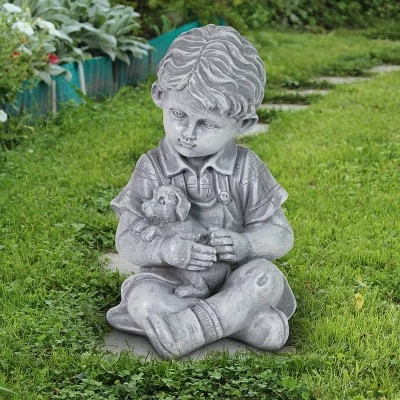 10.24" Resin Boy with Puppy Statue Gray - Exhart 3 10.24" Resin Boy with Puppy Statue Gray - Exhart