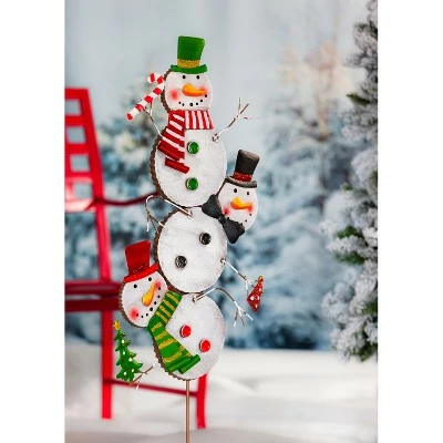 Evergreen Snowman Totem Metal Garden Stake 2 Evergreen Snowman Totem Metal Garden Stake