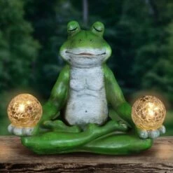 10" Resin Solar Yoga Frog Holding 2 Glass Jars Garden Statue Green - Exhart
