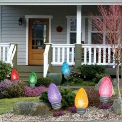 Round Top Collection 32.5" Merry & Bright Md Yard Bulbs Christmas Yard Stake - Decorative Garden Stakes