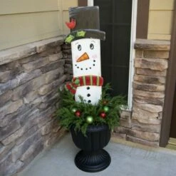 Round Top Collection 52.25" Snowman Plank Christmas Frosty Cardinal - Decorative Garden Stakes