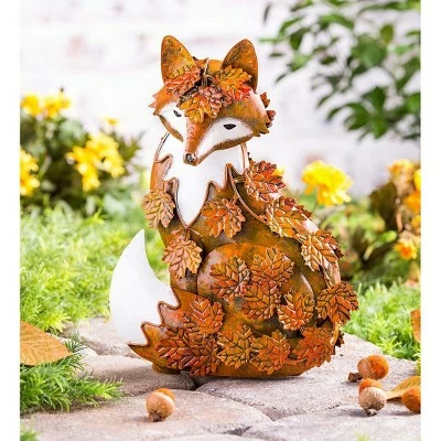 Wind & Weather Handcrafted Metal Fox Sculpture Draped in Fall Leaves 1 Wind & Weather Handcrafted Metal Fox Sculpture Draped in Fall Leaves