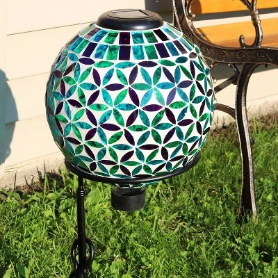 Sunnydaze Decor Sunnydaze Blue Cool Blooms Glass Mosaic Indoor/Outdoor Gazing Globe with Solar Light - 10" Diameter - Blue and Green 4 Sunnydaze Decor Sunnydaze Blue Cool Blooms Glass Mosaic Indoor/Outdoor Gazing Globe with Solar Light - 10" Diameter - Blue and Green - Image 2