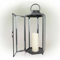 Alpine Corporation Alpine 18" Hexagonal Candlelit Iron Lantern with LED Lights Black/Warm White -Cheap Garden Decor Store unnamed file 5032