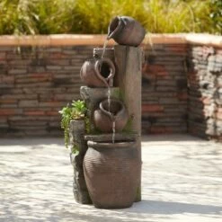 John Timberland Rustic Outdoor Floor Water Fountain with Light LED 39 1/4" High Four Pot Cascading for Yard Garden Patio Deck Home